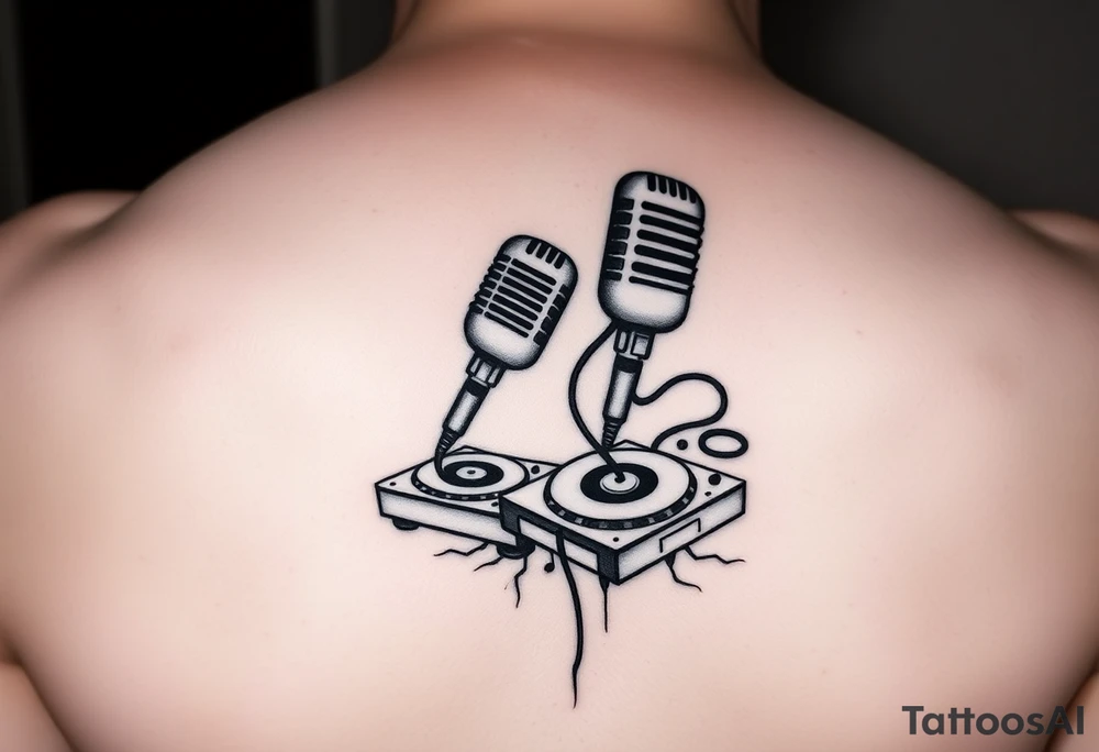 Microphone turntables and music notes graffiti style on a woman's thigh tattoo idea