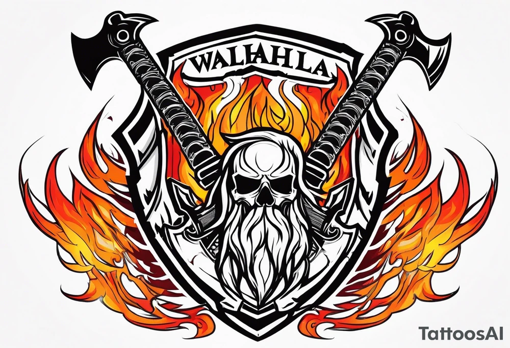 valhalla on fire sword shield axe warrior tattoo idea