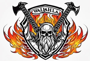 valhalla on fire sword shield axe warrior tattoo idea