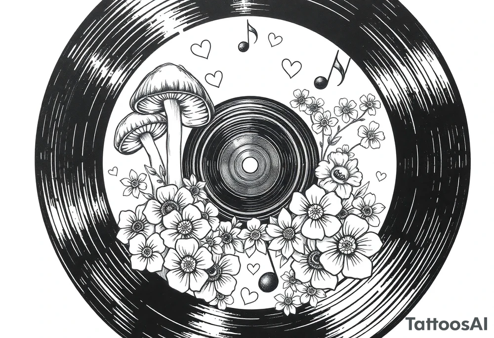 vinyl record with mushrooms, flowers, hearts, and music notes tattoo idea