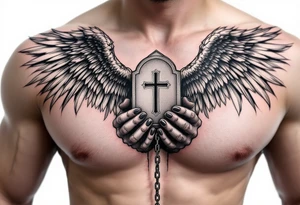 Angel hold headstone in hands with a cross chain hanging down with large wings tattoo idea