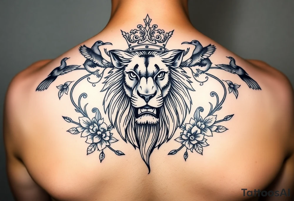 powerful majestic lion with a crown, surrounded by floral ornaments and birds tattoo idea