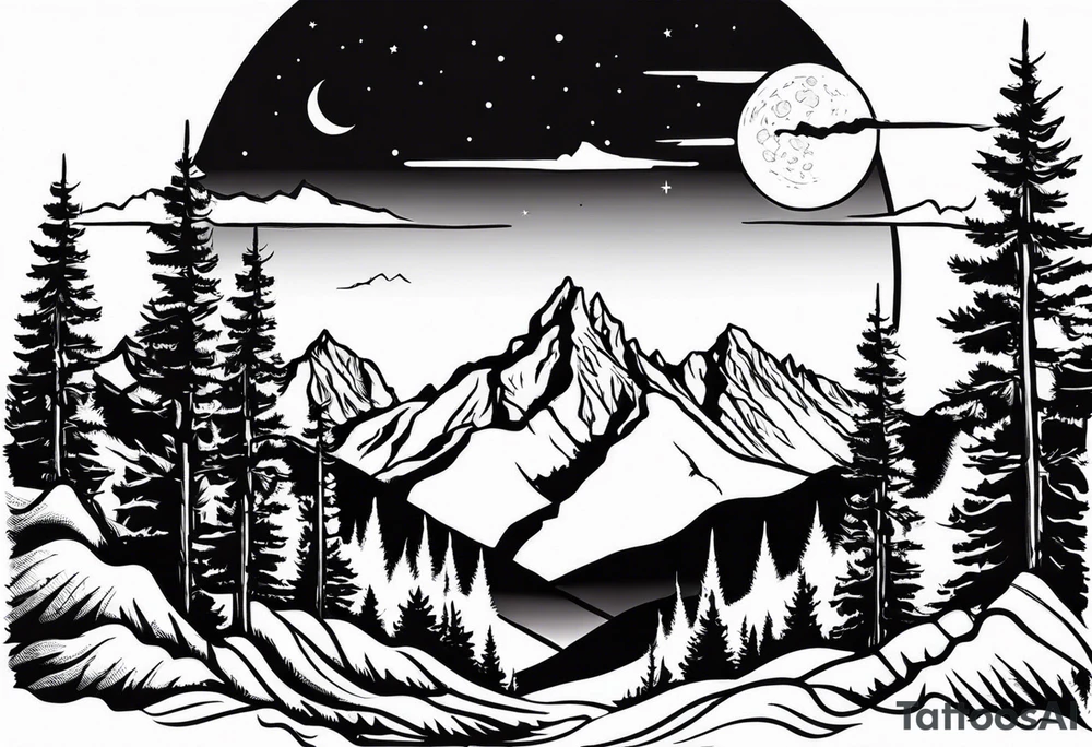 Half sleeve of Teton mountain range, moon In the sky and a few for trees tattoo idea