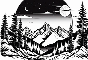 Half sleeve of Teton mountain range, moon In the sky and a few for trees tattoo idea
