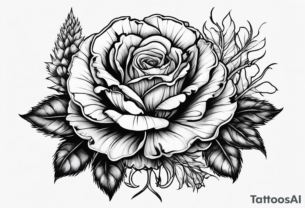 A thistle and a yellow rose and a shamrock whose stems spell KND tattoo idea