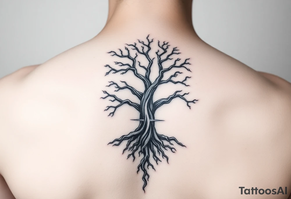 mystical tree of life with cosmic roots and celestial branches tattoo idea