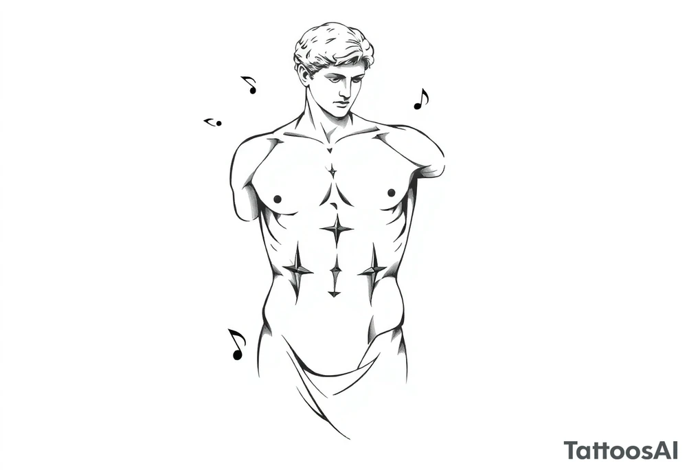Male Greek statue torso. No arms, legs or head. Fit and muscular. Simple design. Hard lines and angles. A few creative arts symbols like music notes scattered around the torso and partially behind it. tattoo idea