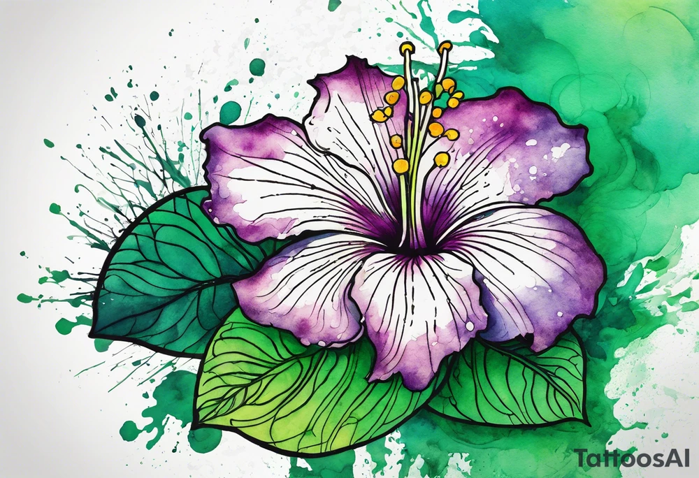 A mystical outline of a rio dipladenia flower and a green/purple watercolor splatter in the background tattoo idea