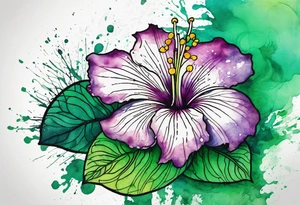 A mystical outline of a rio dipladenia flower and a green/purple watercolor splatter in the background tattoo idea
