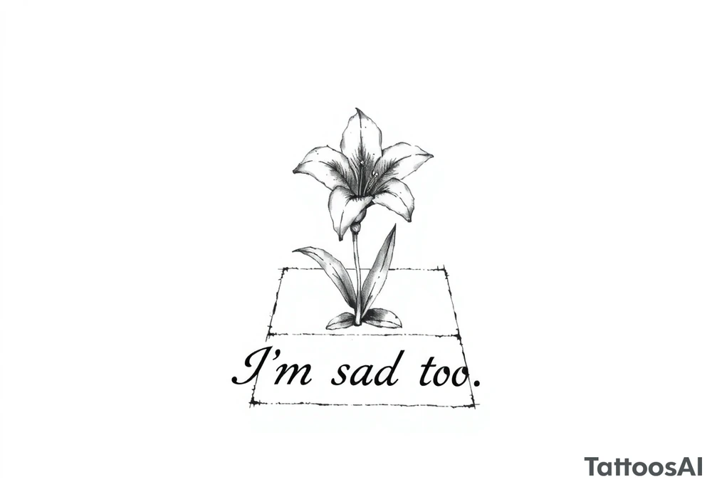 Lily growing out of tile floor with the words I’m sad too written small in the grout between two tiles tattoo idea