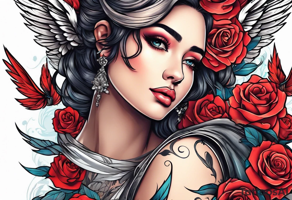 Beautiful woman angle with wings standing surrounded by roses tattoo idea