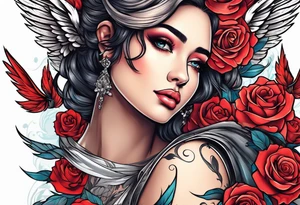 Beautiful woman angle with wings standing surrounded by roses tattoo idea