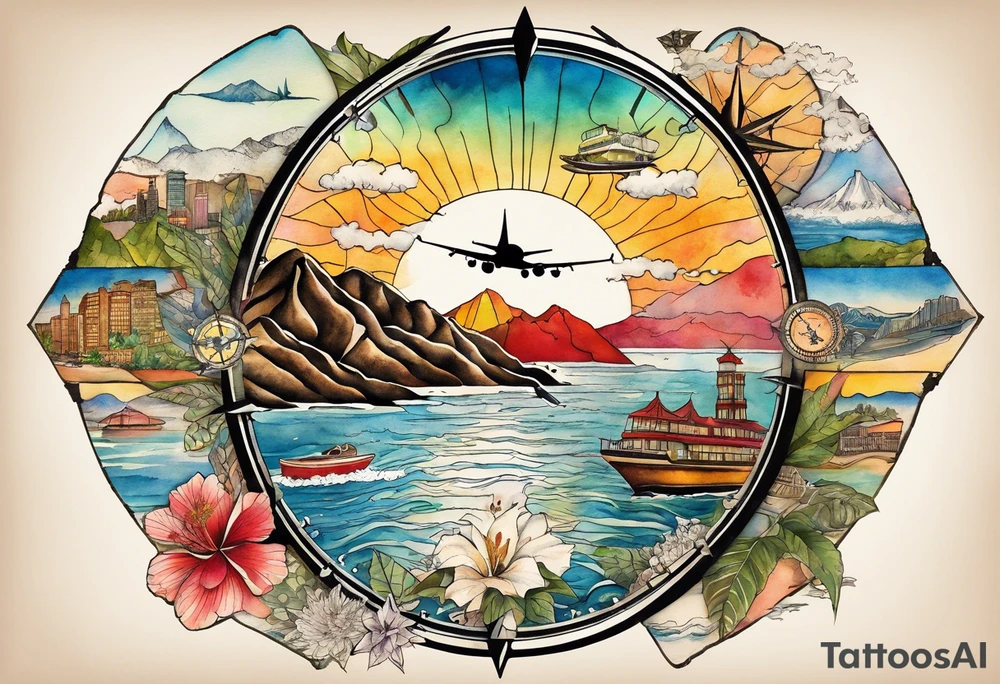 Round Travel collage with San Francisco, mountains, Kansas city skyline and, Jamaican beach all inside a compass rose spilled watercolor and tiny jet plane silhouette and a tiny ski boat in the water tattoo idea