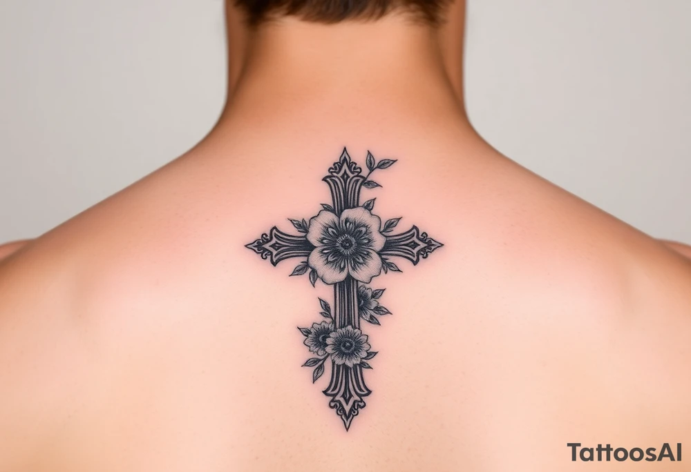 Small feminine Floral cross tattoo idea