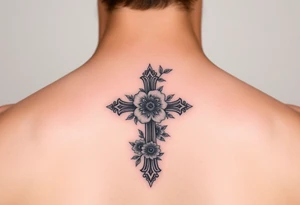 Small feminine Floral cross tattoo idea