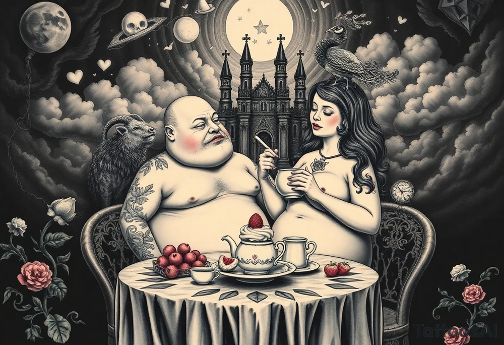 Naked Man and fat woman having sex eating cupcakes and  fruit  having sexy naked fat lady having a tea party with tea pots  swith fancy castle  
with mystical  a pigs, peacock,  lion, goat, noose and smoking cigerettes looking in the mirror thru storm clouds and broken hearts and darkness and wrath, envy , gluttony, greed, sloth, pride . Gothic tattoo idea