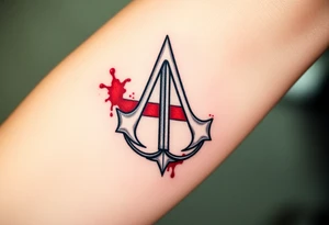 Assassins Creed emblem with England flag and sword inside. Blood splashes incorporated into logo. tattoo idea