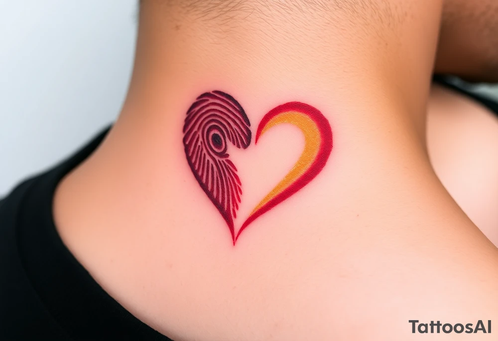 A heart-shaped fingerprint in deep red and soft gold, symbolizing passion and eternal love, with a subtle watercolor effect tattoo idea