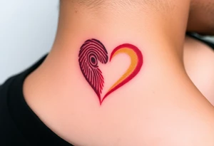 A heart-shaped fingerprint in deep red and soft gold, symbolizing passion and eternal love, with a subtle watercolor effect tattoo idea
