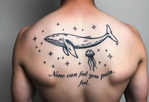 52hz Whale and jellyfish among the stars with the words No one can feel your pain 8x8 size tattoo idea