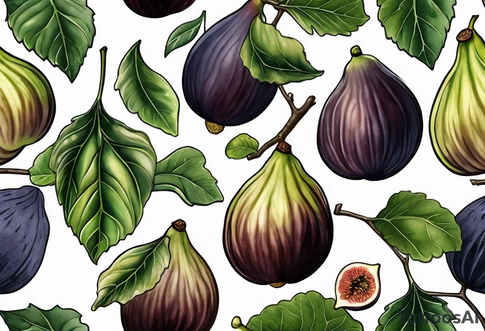 A fig branch with 3 greenish-brown fruits and multiple lobed fig leaves tattoo idea