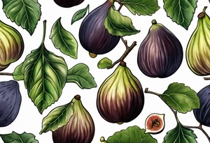 A fig branch with 3 greenish-brown fruits and multiple lobed fig leaves tattoo idea