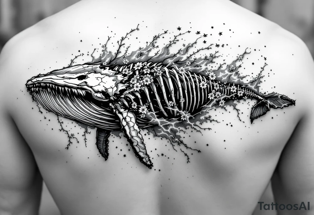 idea is basically a whale that's damaged and torn exposing the skeletal innerts, but it's still fiercely moving forward as hard as it can. generate one with elements of attack on titan and demon slayer and spirited away. black and white with dark contrasts, focus cherry blossoms, waves and fire tattoo idea