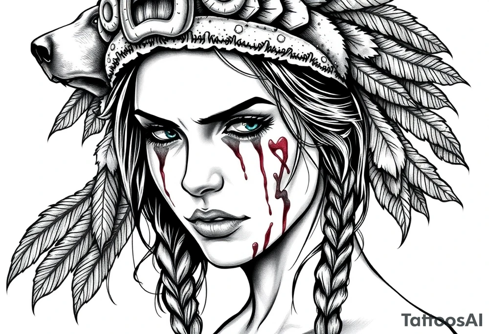 Beautiful Womans shedding a tear, with battle scars and blood on face, wearing dead bear headdress on head tattoo idea