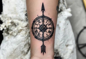 Rustic half compass half clock with a long native American arrow pointing at my wrist with the words “True North” tattoo idea