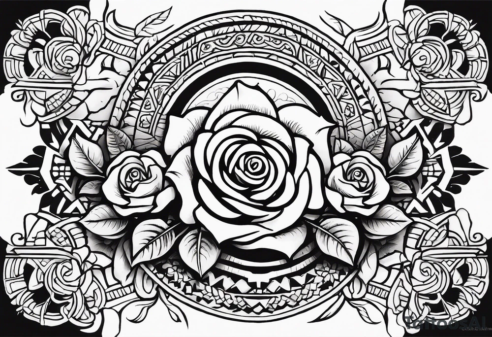 Design a masculine tattoo depicting three delicate rose buds being embraced and protected by a pile of Aztec weapons. The weapons should include elements such as the macuahuitl (Aztec sword-club), obsidian blades, and shields, arranged in a way that forms a protective circle or embrace around the roses. Carve the entire image as if it were a stone sculpture by an ancient Aztec artist, with the texture resembling intricately detailed stone carvings. The roses should be slightly softer but still stylized in stone, giving the entire tattoo a powerful, yet artistic and ancient feel. Use bold, sharp lines to capture the essence of Aztec craftsmanship tattoo idea