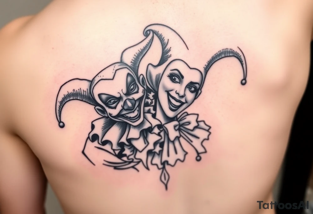 jester clown behind female jester making her smile tattoo idea
