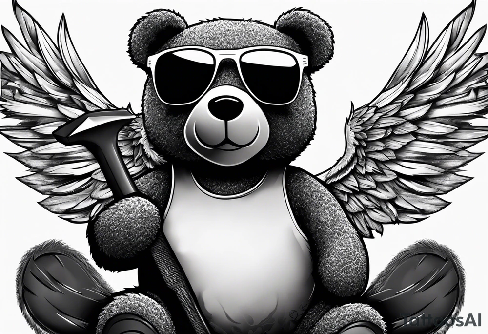 Teddy bear with wings wearing big sunglasses holding a hammer tool tattoo idea