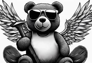 Teddy bear with wings wearing big sunglasses holding a hammer tool tattoo idea