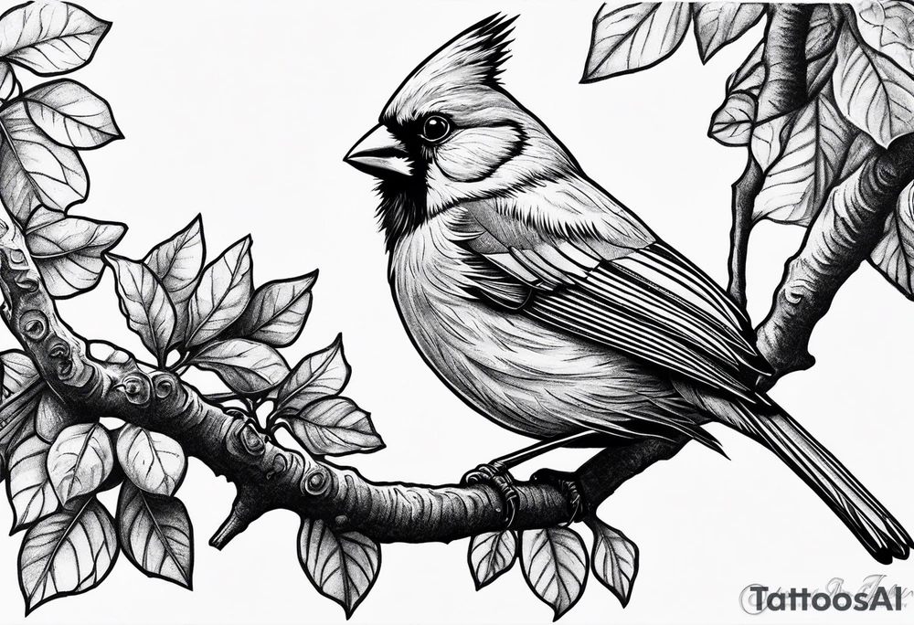 Masculine, cardinal on branch, realistic, upper arm, black and white, Hungarian tattoo idea