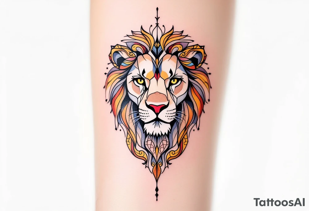 A highly detailed line-art Czech lion, with intricate patterns in its mane and subtle golden, blue, red shading for a regal look. tattoo idea