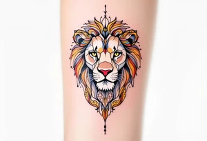 A highly detailed line-art Czech lion, with intricate patterns in its mane and subtle golden, blue, red shading for a regal look. tattoo idea