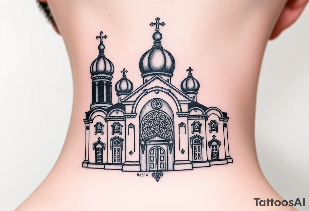 medium sized Russian orthodox church with bulb domes with a prominent russian orthodox mosaic tattoo idea
