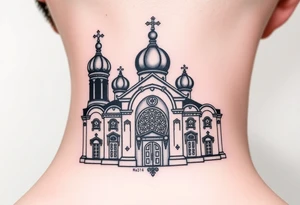 medium sized Russian orthodox church with bulb domes with a prominent russian orthodox mosaic tattoo idea