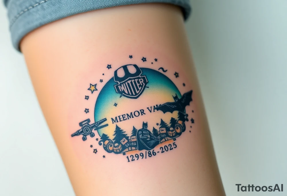 futuristic, spacey, memory tattoo: star wars, space, Harley Davidson, batman, skateboarding, camping, puzzle pieces, video games, heaven, god, outdoors, bullets, words MEMENTO MORI & DARTH CARTER 12/29/88-01/06/2025 tattoo idea