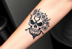 ornate skull adorned with crown of wild roses and thorns tattoo idea