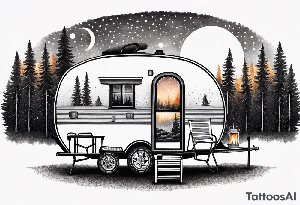 Small camper trailer with campfire and four chairs tattoo idea