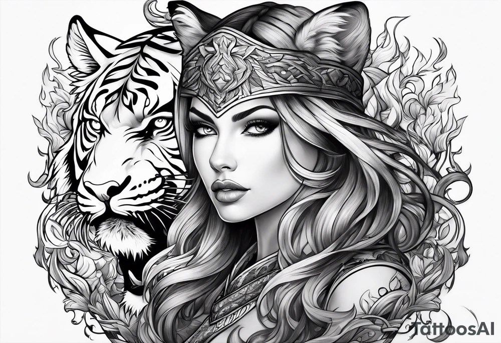 a huntress on a tiger in flames tattoo idea