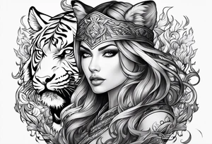 a huntress on a tiger in flames tattoo idea