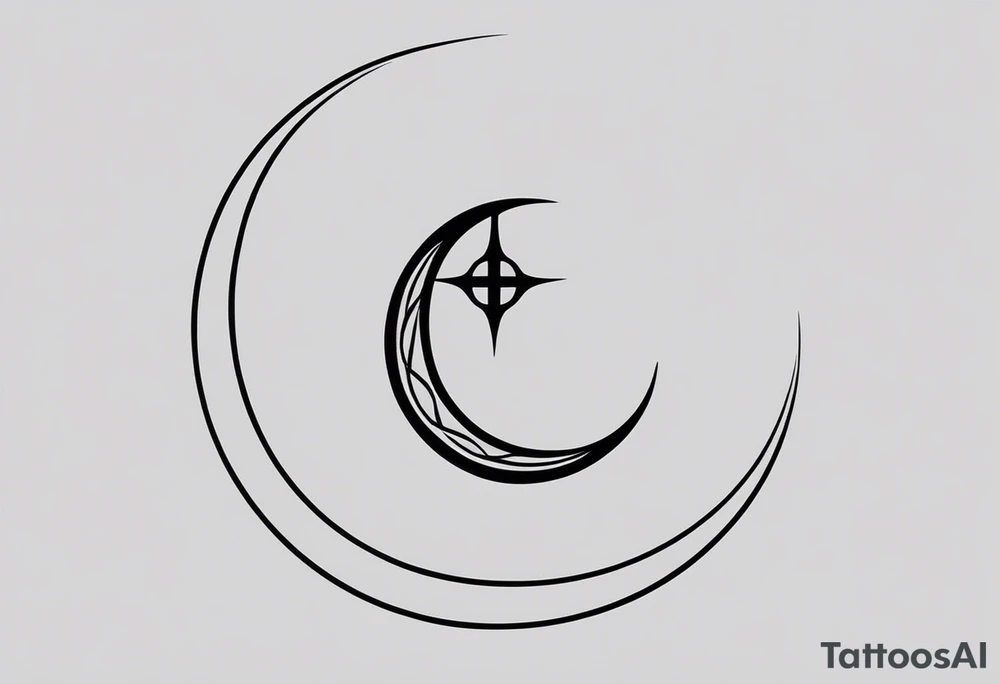 Minimalist Crescent Moon with Trishul: A delicate crescent moon with a fine-line trident integrated into the curve of the moon. The trident can be small and simple, sitting just below or to the side of the crescent moon.

Crescent Moon with Trishul Inside: A small crescent moon with a tiny trident embedded inside the curve. This could be done in a single line or with light shading to keep the design clean and minimal.

Crescent Moon and Trishul as a Single Line: The crescent moon and trident could be designed as a single, flowing line, where the trident’s three prongs are subtly incorporated into the crescent's edge.

Trishul Overlay on Crescent Moon: A crescent moon with a small trident overlaid or intersecting through it. This design would have the trident positioned vertically through the moon or slightly off-center tattoo idea