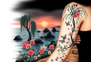 Dark ocean with rocks sunset, weeping willow garden with roses and lilies flower beds. fantasy creatures, fairies, siren, dragonflies, butterflies, cat paw prints path in dirt. tattoo idea