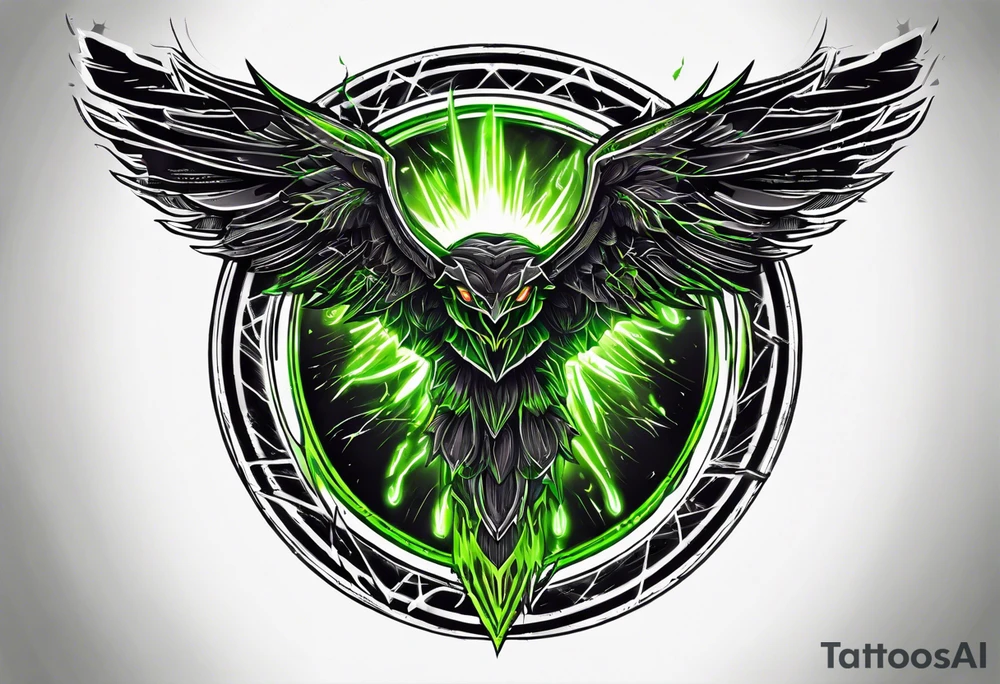 Forearm wing tattoo with streaks of neon green lightning going through/around it tattoo idea
