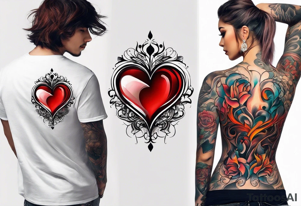 A girl with an empty heart and a guy with a burning heart. They stand back to back tattoo idea