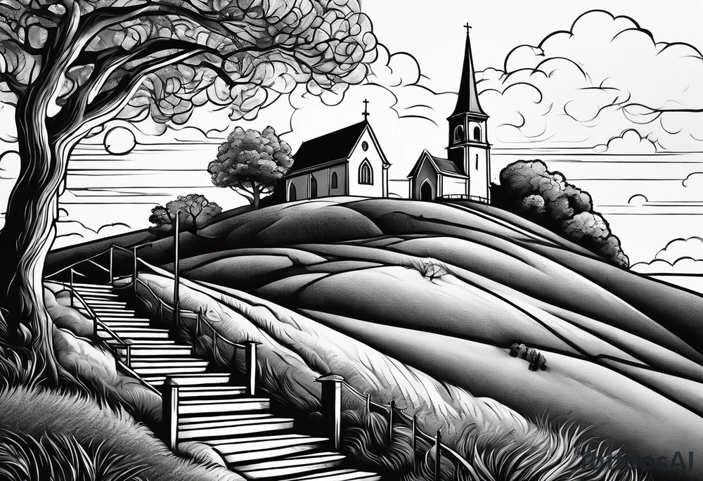 couple with 2 sons walking up on stairs on the hill and on the top of the hill is church and next to it is family tree tattoo idea