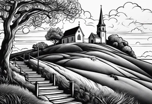 couple with 2 sons walking up on stairs on the hill and on the top of the hill is church and next to it is family tree tattoo idea