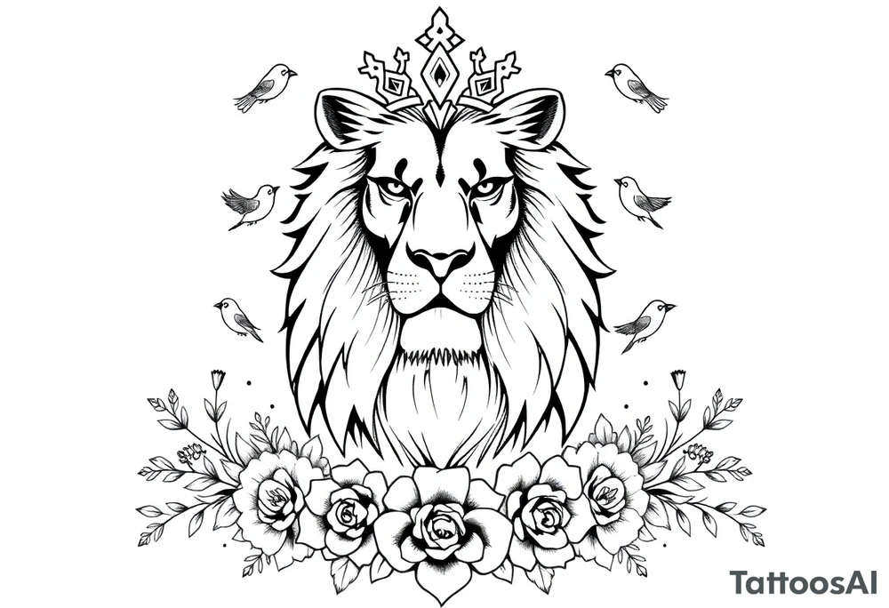 powerful majestic lion with a crown, surrounded by floral ornaments and birds tattoo idea